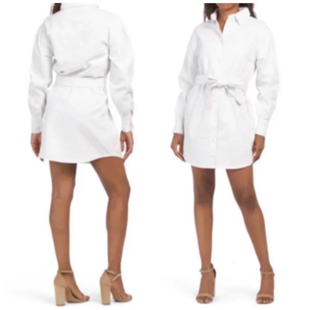 Avec Les Filles Denim Mini Shirt Dress Long Sleeve Belted White Small